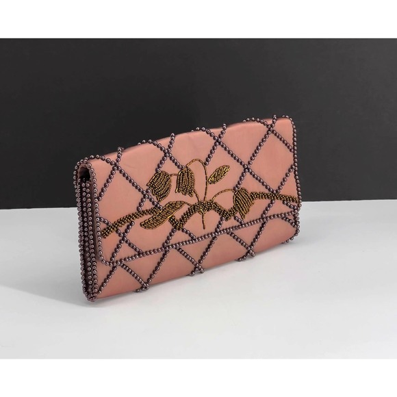 Vintage La Regale Japan Bronze Satin Beaded Envelope Clutch - Picture 1 of 6